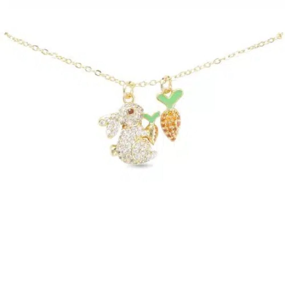 NEW AMANDA BLU GOLD CZ BUNNY AND CARROT DOUBLE PENDANT NECKLACE